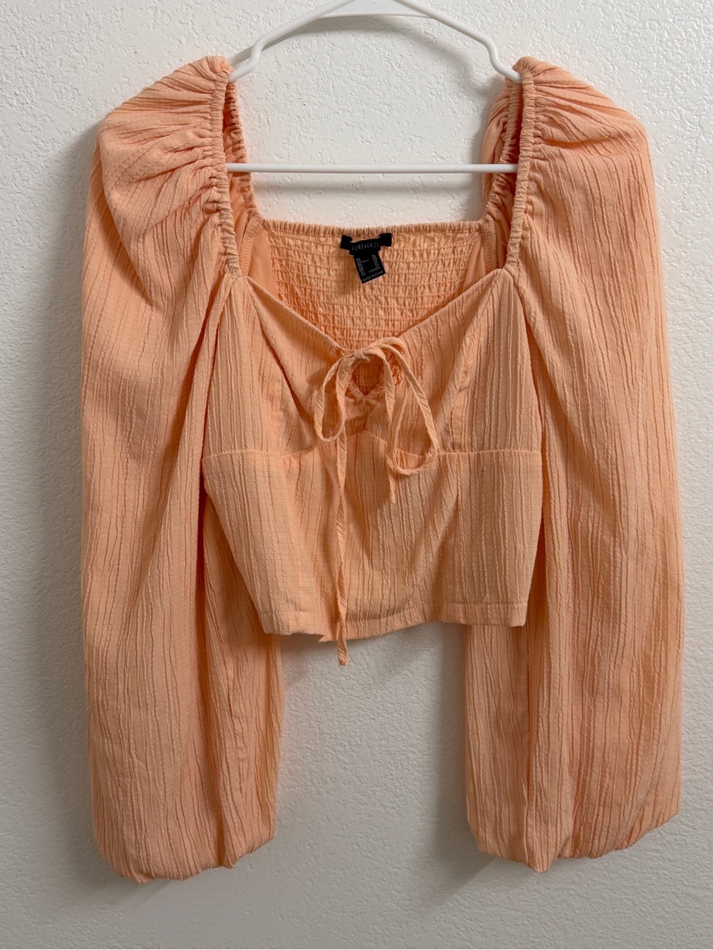 Peach Long-Sleeve Tie-Front Crop Top